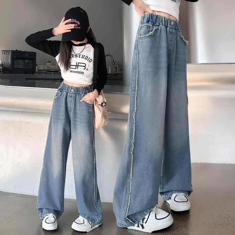 デニムパンツ 女の子 ガールズ ジュニア 秋冬 裏起毛 暖かい ストレート ワイド ゆったり ウエストゴム イージーウエスト カジュアル 普段使い ブラック 綿 フリンジ ボトムス おしゃれ 4,183円