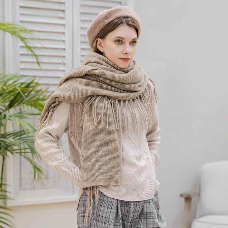 ストール レディース 100% カシミヤ ニット ショール 無地 メッシュ フリンジ 大判 マフラー キャメル 女性用 上質 暖かい 防寒 冷房対策 羽織り｜way-ugo