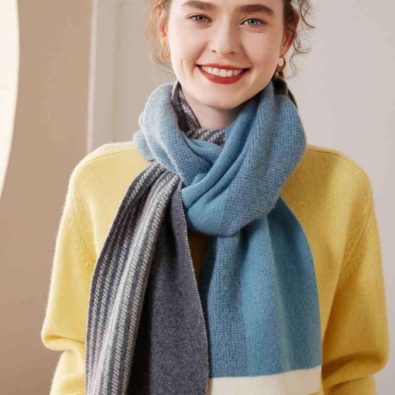 マフラー レディース 女性用 秋冬 カシミヤ ウール ニット ストール ショール 2WAY 大判 厚手 シンプル 切り替え バイカラー 保温 防寒 普段使い カジュアル