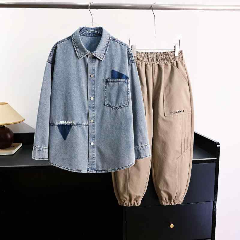 デニムシャツジャケット 男の子 ブルー レトロ カジュアル ルーズフィット 長袖 コットンブレンド 春物 トップス 羽織り 普段着 通学用 ライトアウター