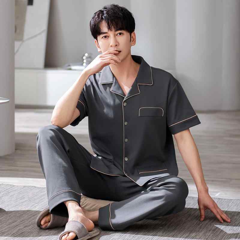 パジャマ メンズ 春夏 純綿 コットン 半袖 開襟 薄手 軽量 ロングパンツ セットアップ ルームウェア 部屋着 寝巻き 外着可 普段使い 上下セット 通気性 快適