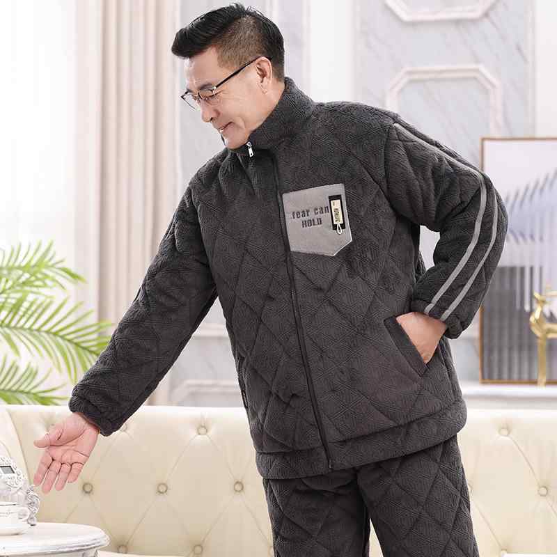 ルームウェア メンズ パジャマ 秋冬 男性用 フランネル 中綿入り 三層構造 極厚 キルティング サンゴフリース 裏起毛 上下セット 保温 部屋着 暖かい 快適 ワンマイルウェア ゆったり カジュアル ヘリンボーン柄 ダークグレー