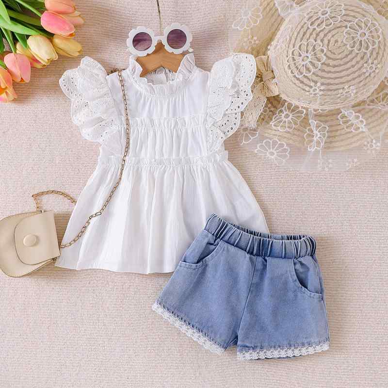 キッズ服 女の子 半袖 白 プルオーバー ブラウス トップス デニム ショートパンツ ハーフパンツ セットアップ 上下セット 綿 欧米風 カジュアル 春夏 普段使い お出かけ 通園