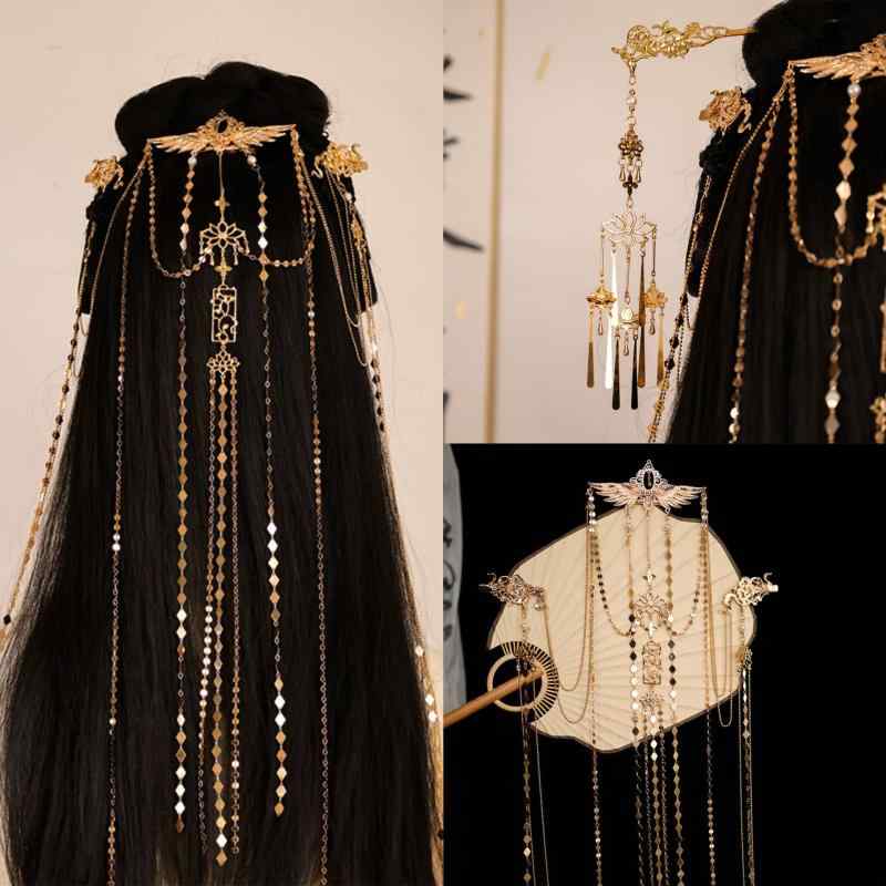 かんざし レディース 漢服スタイル 中国風 金メッキ ロングタッセル 花モチーフ 髪飾り バックコーム セット レトロ アンティーク調 優雅 華やか 結婚式 パーティー 和装 成人式 卒業式