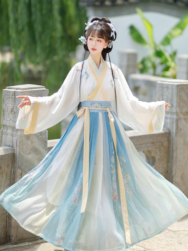 漢服 中国伝統衣装 レディース 女性用 晋制 中国風 斉腰襦裙 スカート セットアップ 刺繍 シフォン ポリエステル 素材 動物柄 ストレートスリーブ 日常使い 普段着 デイリーユース 春秋