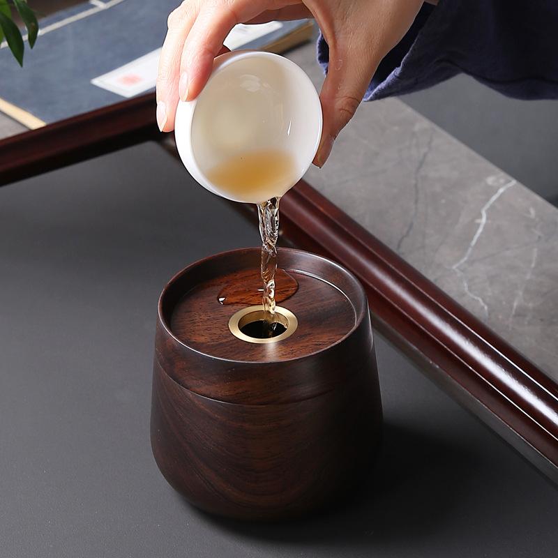 建水 黒檀 無垢材 銅象嵌 茶道用 廃水 茶殻入れ 茶道具 高級感 天然木 和モダン 卓上 茶器 お茶用品
