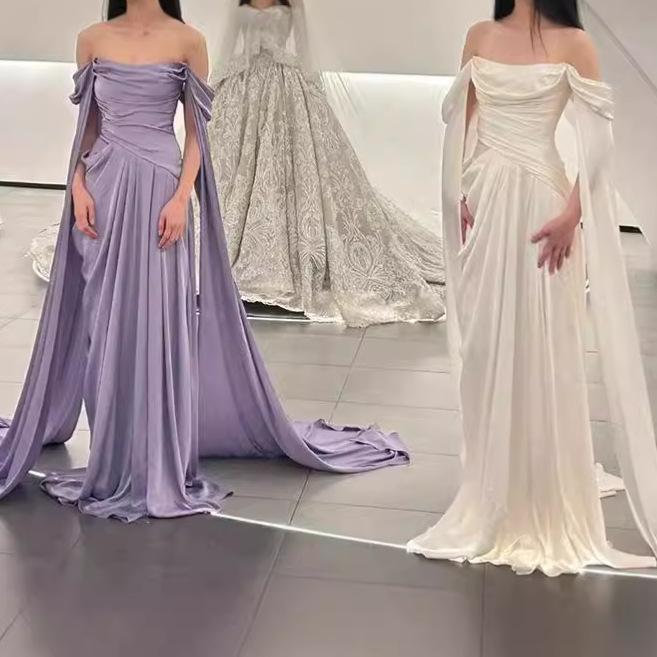 ワンピース レディース フレンチスタイル ライトラグジュアリー ビスチェ ロング丈 結婚式 ブライダル 花嫁 フォーマルドレス カジュアルウェディングドレス ミニトレーン バックオープン ハイウエスト パープル ホワイト