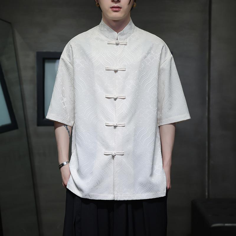 シャツ メンズ チャイナ風 唐服 新チャイナスタイル 半袖 飾りボタン コーデュロイ 中山服デザイン 改良 春夏 普段使い カジュアルスタイル 着心地良い ホワイト ライトブルー
