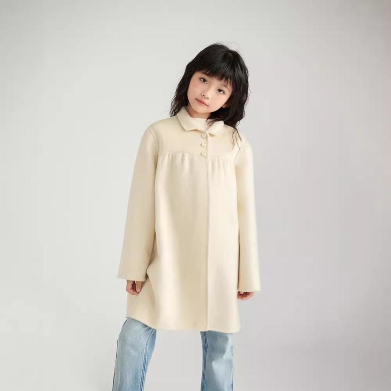 コート 女の子 女児 キッズ ジュニア 子供服 ダブルフェイス ウール100% 厚手 暖かい 防寒 襟付き シングルボタン ミドル丈 ベージュ 秋冬 カジュアル 普段使い 通学