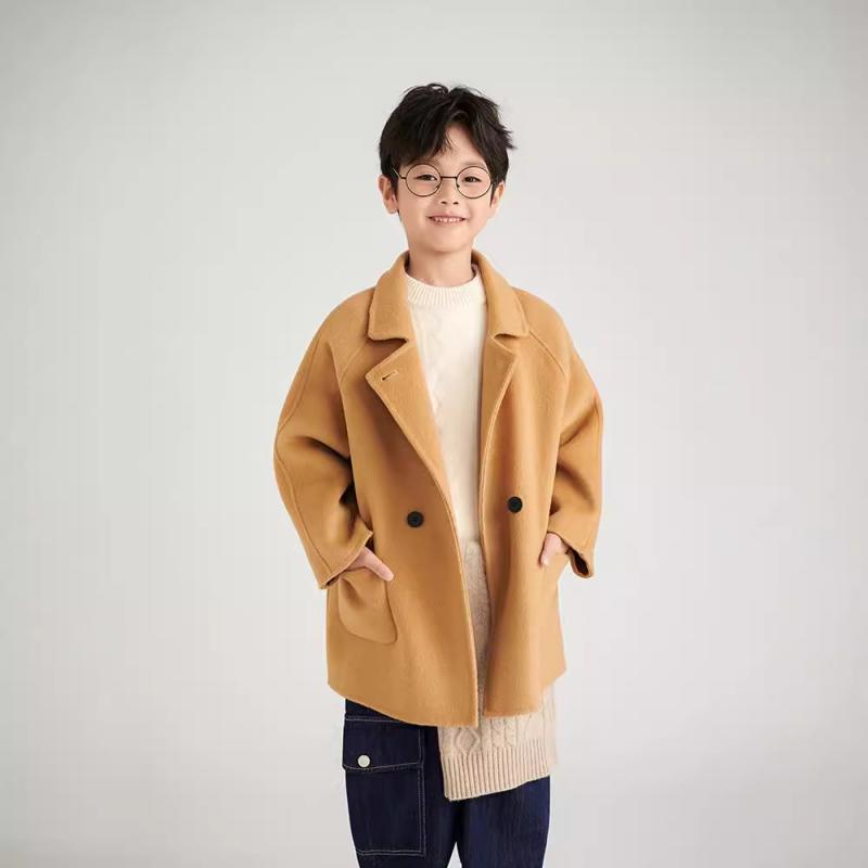 コート キッズ 男の子 女の子 子供服 100%ウール 羊毛 ダブルフェイス 厚手 ミドル丈 ダブルボタン テーラードカラー カジュアル 通学 普段使い 上品 秋冬