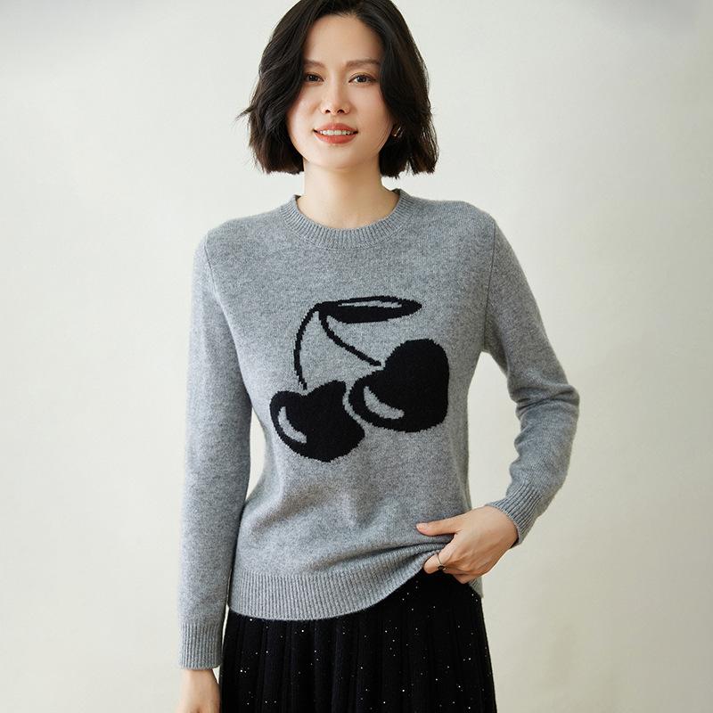ニット レディース 女性用 チェリー 刺繍 ジャカード編み 個性的 ミニマル デザイン性 ラウンドネック カシミヤブレンド ゆったり プルオーバー セーター リブ編み 中厚 秋冬 オフィス カジュアル デイリーユース