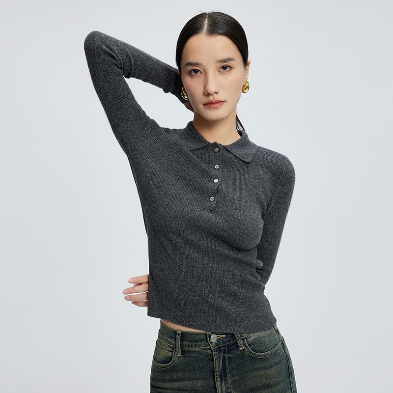 ニット レディース 秋冬 POLO襟 カシミヤ プルオーバー セーター 上品 エレガント 通勤 オフィス スリムフィット ショート丈