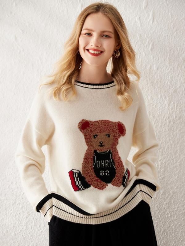 ニット レディース カシミヤ100% ピュアカシミヤ ラウンドネック 丸首 ドロップショルダー 厚手 プルオーバー アニメ柄ジャガード 配色 バイカラー 秋冬 トップス きれいめ 通勤 オフィス カジュアル 女性用