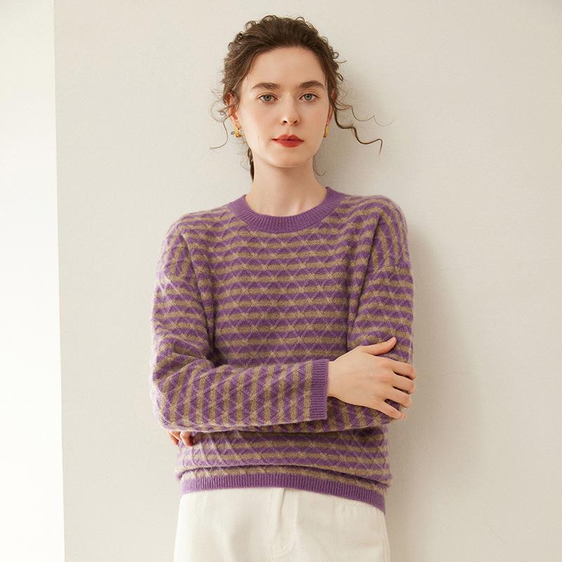 セーター レディース 秋冬 カシミヤ混 クルーネック 長袖 ゆったり レトロ ヴィンテージ 配色 ストライプ 切り替え 肉厚 柔らか ふんわり プルオーバー 普段使い