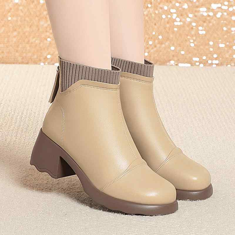 ファッションブーツ レディース 女性用 秋冬 フェイクレザー 合成皮革 裏ボア 暖か 防寒 保温 ソフトソール 軽量 快適 通気性 太ヒール ミドルヒール ラウンドトゥ バックジップ 無地 シンプル カジュアル 普段使い デイリー