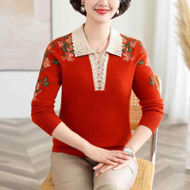 編み物 レディース 成人女性用 亭主持ち 中高年 御っ母さん向け 羊毛 ポロ襟 刺しゅう ゆったり 馬鹿でかい大きさ ルーズフィット 長袖 秋冬 肋筋編み エスニック 心地好い 通い デイリー青少年
