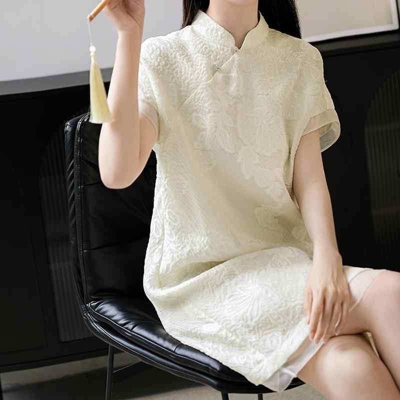 ワンピース レディース 春夏 接触冷感 シルク調 ジャガード チャイナドレス風 ロング 立ち襟 半袖 Aライン 通勤 きれいめ 上品 凝脂米杏｜way-ugo