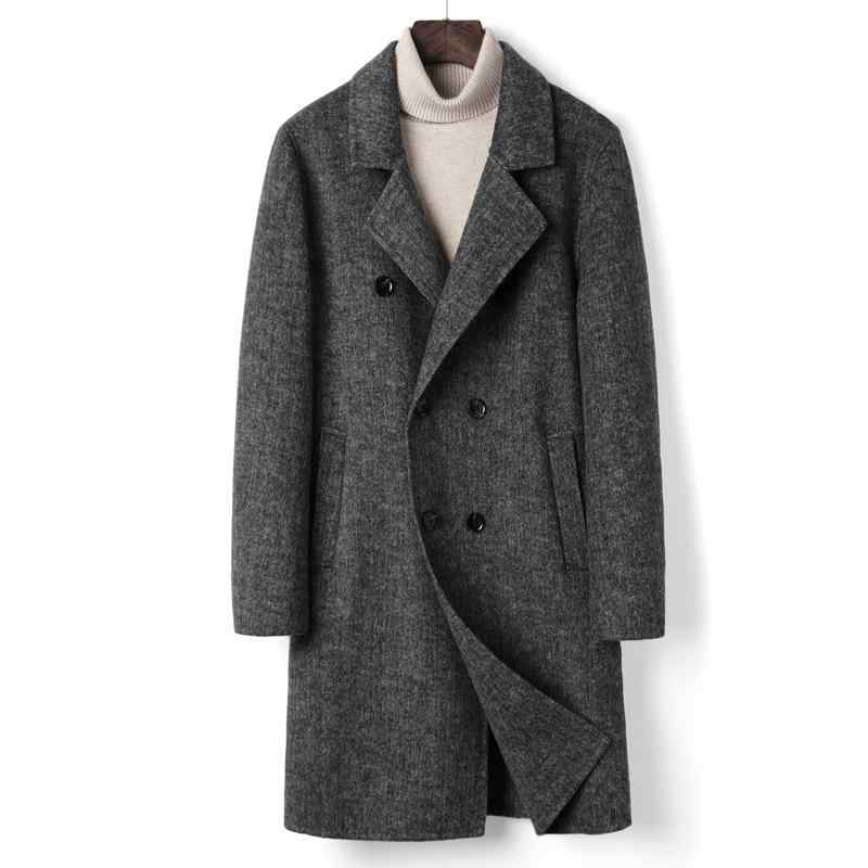 コート メンズ 秋冬 ダブルフェイス仕立て ウール カシミヤ ダブルブレスト カジュアル ロング丈 ヘリンボーン柄 ダークグレー ダークブラウン 上品 高級感 大人向け ビジネス 通勤 普段使い アウター｜way-ugo