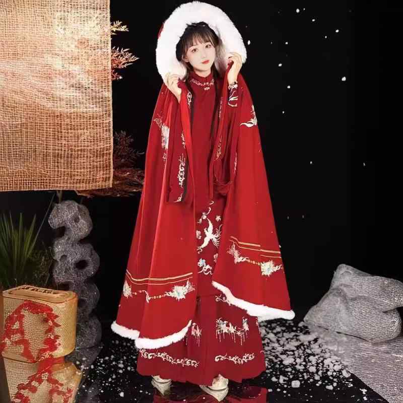 ケープ レディース 漢服 中国風 民族衣装 古装 マント ポンチョ 羽織り アウター 秋冬 厚手 フリース裏地 保温 暖かい 防寒 ファー襟 グリーン 緑