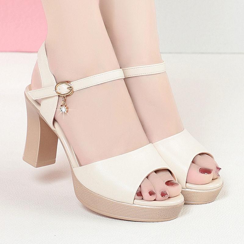 サンダル レディース 夏 シンプル 普段使い ソフトレザー 牛革 快適 太ヒール チャンキーヒール 厚底 プラットフォーム ハイヒール オープントゥ 一字ストラップ 白 黒