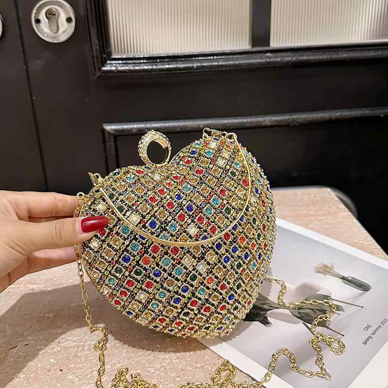 バッグ レディース 女性用 欧米風 おしゃれ ラインストーン ハート型 個性的 ユニーク ミニ 手提げ ショルダー イブニング パーティー ハード ゴールド シルバー マルチカラー レトロ