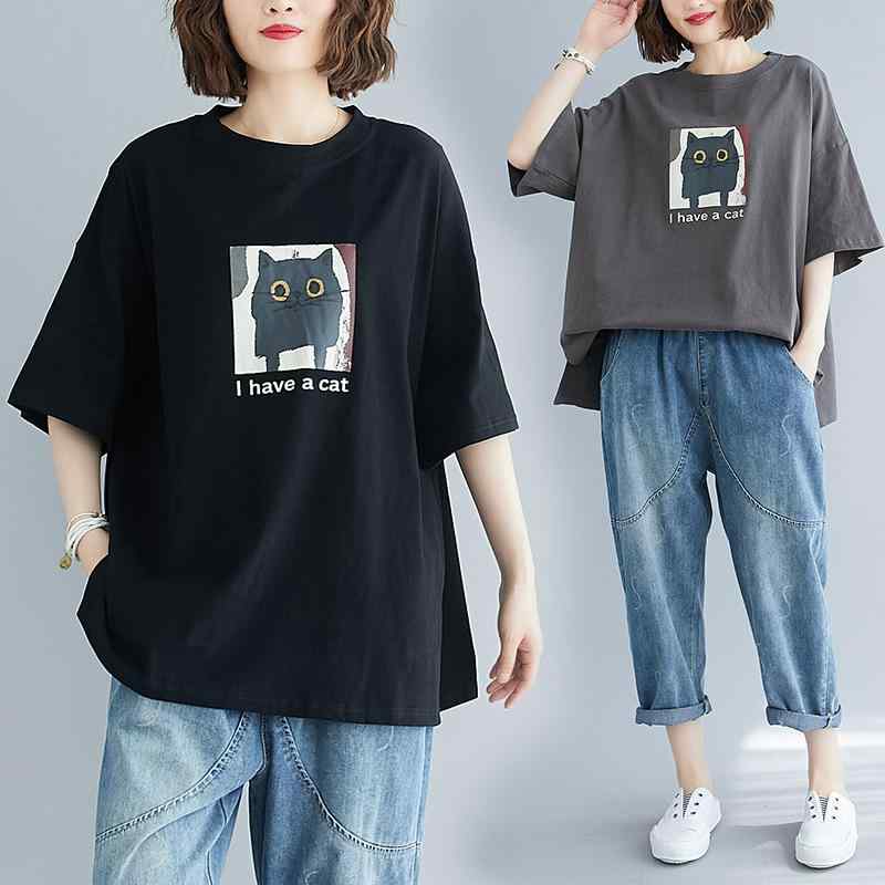 Tシャツ レディース ゆったり オーバーサイズ 大きいサイズ プラスサイズ ラウンドネック 半袖 猫プリント 猫柄 コットン 綿 カジュアル リラックス 普段使い お出かけ ホワイト ブラック グレー