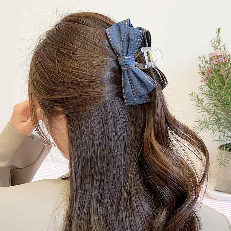 ヘアアクセサリー レディース デニム リボン 布製 ハンドメイド バンスクリップ 韓国風 レトロ ヴィンテージ まとめ髪 アップスタイル 髪飾り 春夏 浅いブルー ブラック