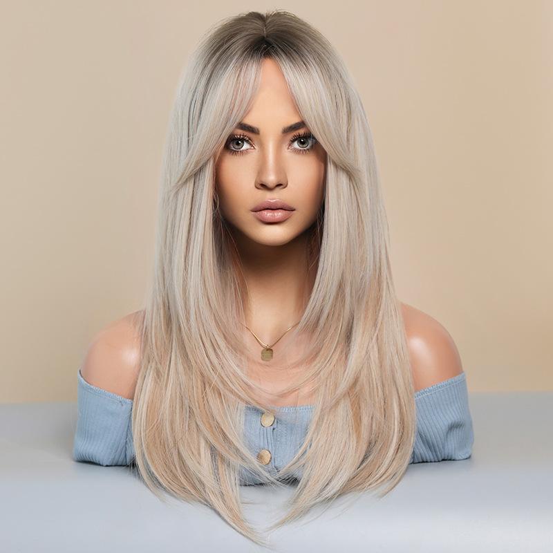 ウィッグ レディース 女性用 欧米風 自然な人工毛 フルウィッグ ロングヘアー ストレート センター分け 前髪なし 耐熱ファイバー 快適 通気性 ふわふわ 金色 ハニーゴールド 普段使い イメチェン