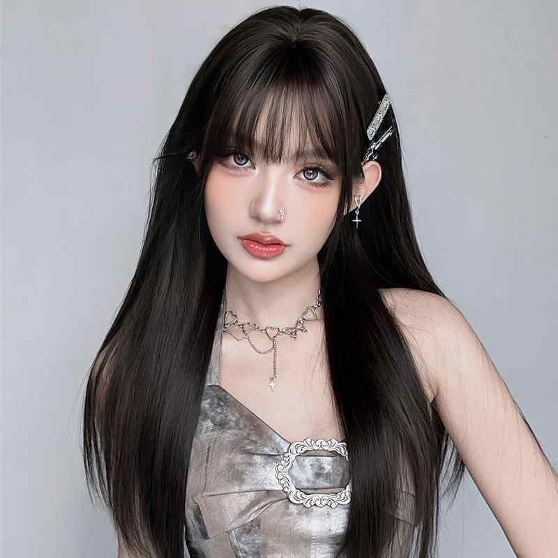 ウィッグ レディース ロングストレート フルウィッグ 全頭かつら ぱっつん前髪 斜め前髪 自然な仕上がり 耐熱ファイバー 人工毛 小顔効果 ふんわり 快適 通気性 黒茶色