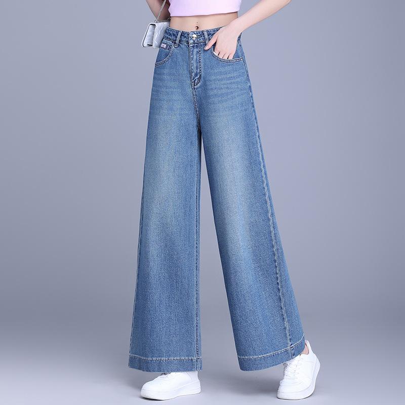 デニムパンツ レディース ジーンズ ハイウエスト ワイド ストレート クロップド丈 アンクル丈 上品 ドレープ感 薄手 コットン 春夏 アイスブルー きれいめ カジュアル|way-ugo