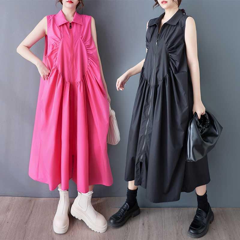 シャツワンピース レディース Aライン ゆったり オーバーサイズ ロング ノースリーブ 切り替え 無地 韓国ファッション レトロ エレガント 綿混 ブラック ローズレッド 夏