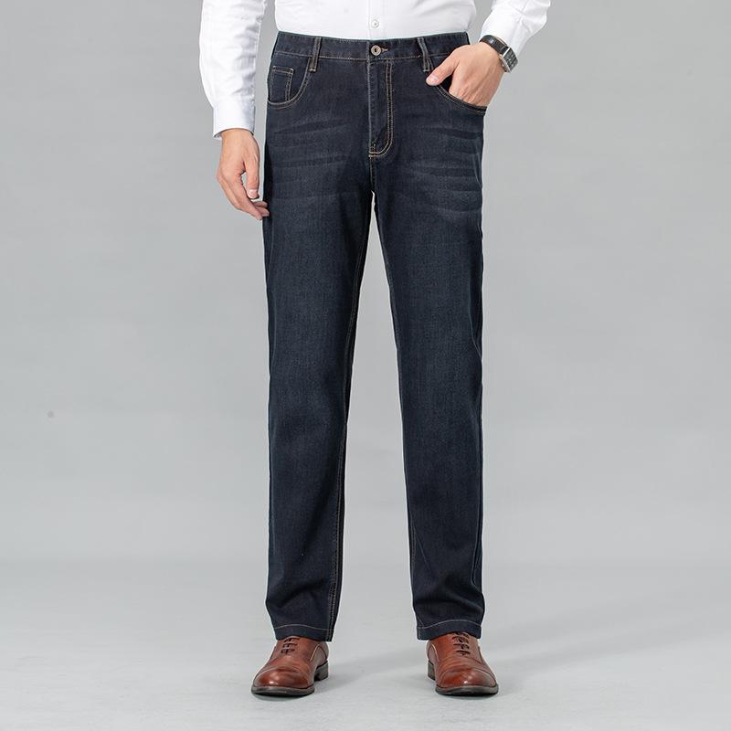 ジーンズ メンズ 中年男性 春夏 薄手 軽量 テンセル再生繊維 ストレッチ ストレート ゆったり ルーズフィット ハイウエスト ビジネスカジュアル ウォッシュ加工 ダークブルー 普段使い