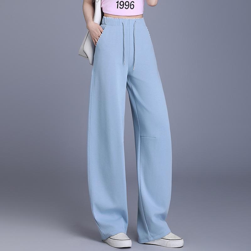 ボトムス レディース 夏 薄手 ストレート ワイドパンツ カーブデザイン スウェット イージー リラックス 綿混 再生繊維 体型カバー 着痩せ 脚長効果 微ストレッチ しわになりにくい レース装飾 普段使い