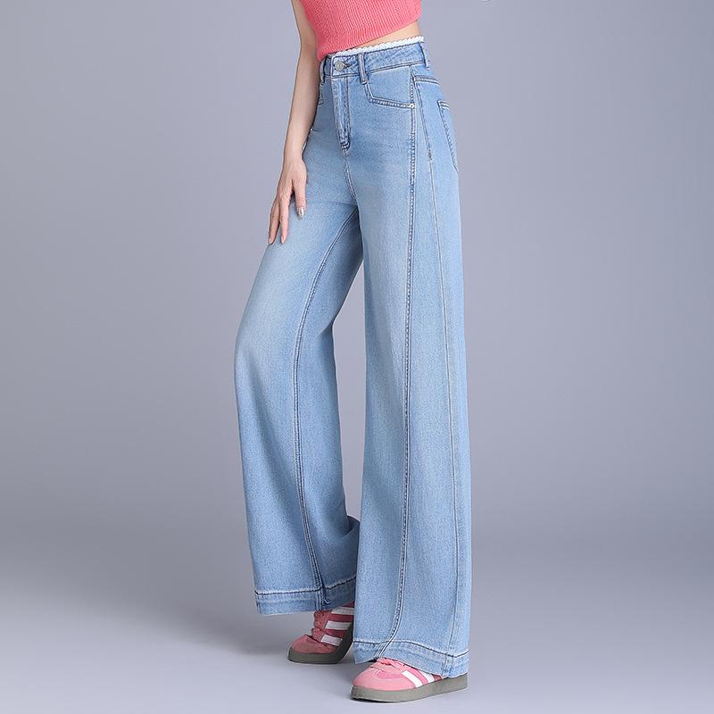デニムパンツ レディース ワイド ストレート ハイウエスト 夏 薄手 ゆったり 体型カバー 細見え スタイルアップ 足長効果 普段使い カジュアル リラックス 微ストレッチ 落ち感 コットン ポリエステル ブルー ロングパンツ