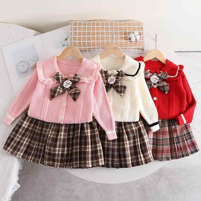 キッズ セットアップ ガールズ 子供 ニットカーディガン プリーツスカート チェック柄 2点セット 秋冬 かわいい おしゃれ 韓国風 綿 肌触り良い 通園 通学 お出かけ
