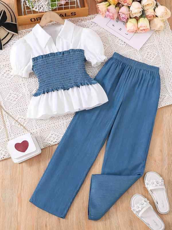 セットアップ 女の子 ガールズ キッズ ジュニア スモッキングトップス ワイドパンツ 2点セット 欧米風 ファッション 夏 ブルー 綿 ポリエステル 半袖 ロング丈 無地 柔らかな肌触り 普段使い お出かけ カジュアル かわいい