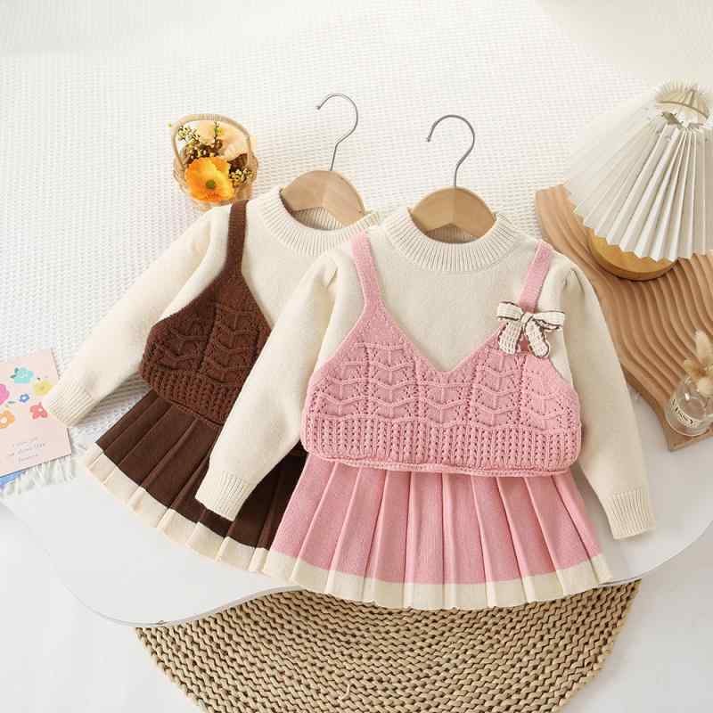 キッズ 女の子 ニットセットアップ セーター スカート 2点セット 長袖 アクリル ラウンドネック プルオーバー リボン プリント かわいい 秋冬春 韓国風 カジュアル お出かけ 普段着 ブラウン系 ピンク系
