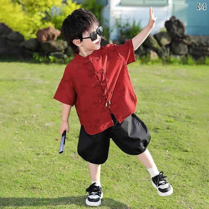 漢服 男の子 ベビー キッズ 子供服 新中式 唐装 中国風 パンツ セットアップ 2点セット 初誕生日 礼服 発表会 衣装 半袖 ハーフパンツ 薄手 涼しい ソフトな肌触り ポリエステル 無地 ワインレッド 夏物