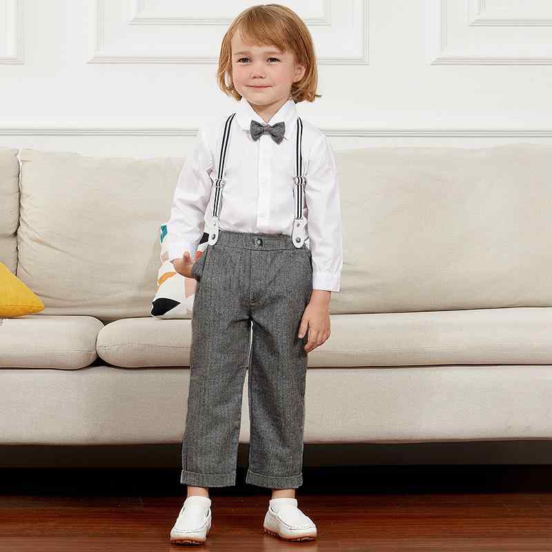 キッズ 男の子 フォーマルスーツ 長袖シャツ サロペット 2点セット ピアノ発表会 結婚式 セレモニー 入園式 卒園式 演奏会 衣装 蝶ネクタイ付き コットン 春秋 白 上品 ブリティッシュ