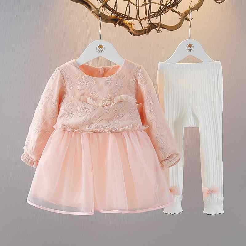 ベビー服 女の子 長袖ワンピース 2点セット プリンセス風 チュールスカート フレア コットン素材 秋冬 ピンク かわいい おしゃれ お出かけ 普段着 フォーマル 幼児