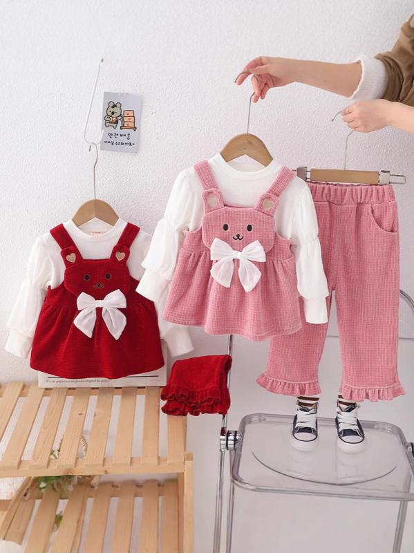 ベビー服 女の子 韓国風 おしゃれ かわいい くま ハート柄 長袖 プルオーバー 長ズボン 3点セット 綿 柔らか 肌に優しい 春秋 普段着 部屋着 お出かけ