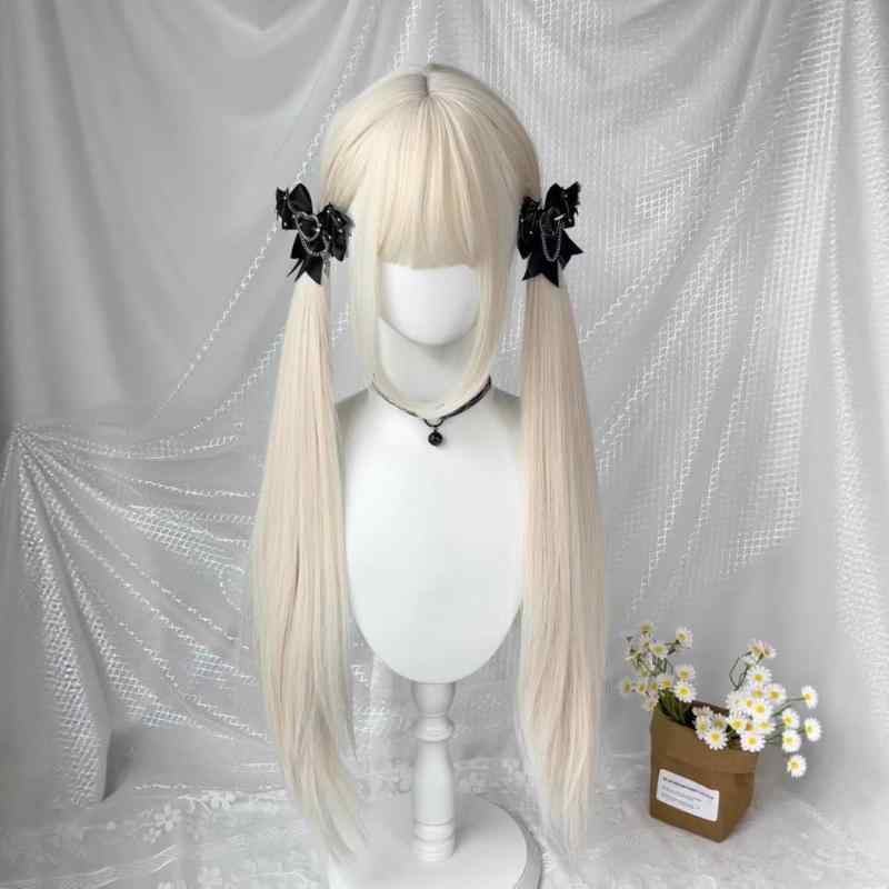 ウィッグ レディース 女性用 85cm ミルクティーベージュ オフホワイト ゴールド系 ロングストレート ツインテール コスプレ ロリータ 少女 フルウィッグ 自然な リアル 耐熱ファイバー 人工毛 小顔効果 ぱっつん前髪 斜め前髪
