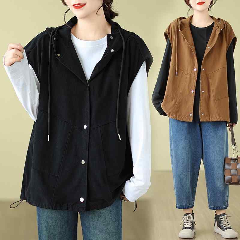 ベスト レディース 女性用 フード付き ドロスト裾 ツイル 綿 コットン レトロ カジュアル 通勤 オフィス ジレ トップス 羽織り 秋冬 ブラック 黒 コーヒーブラウン