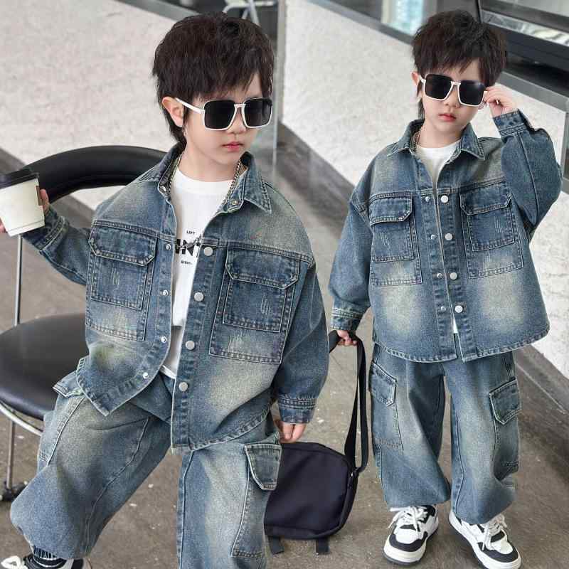 デニムセットアップ 男の子 キッズ 春秋 韓国ファッション クール スタイリッシュ ゆったり ルーズフィット レトロ ヴィンテージ ツーピース 長袖 ロングパンツ 柔らかい生地 無地 コットン 綿 ライトブルー 水色 4,931円