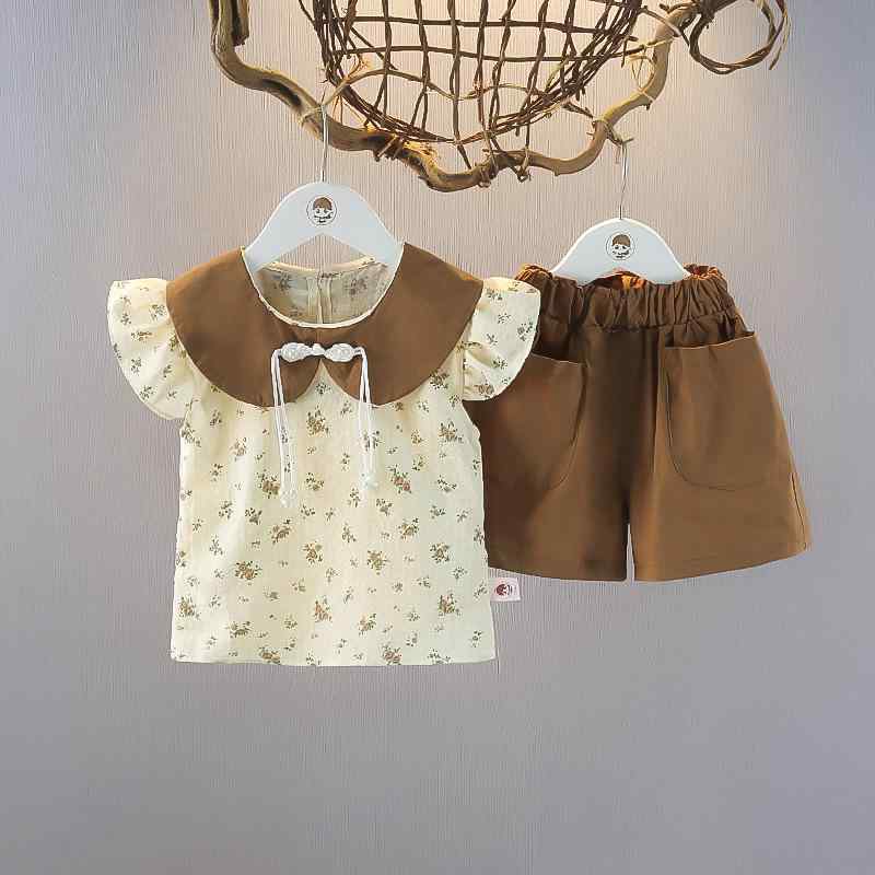 子供服 女の子 ベビー 半袖 小花柄 トップス ショートパンツ カジュアル 普段使い 快適 かわいい 薄手 綿 コットン ツーピース 夏 セットアップ チョコレート色