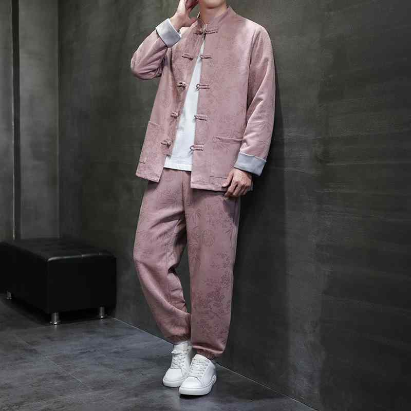 セットアップ メンズ 成人男性用 春夏 中国風 スエードクロス調 上衣 上衣 綿織物 流行り 心地好い 馬鹿でかい大きさ ビッグ影ぼうし ゆったり