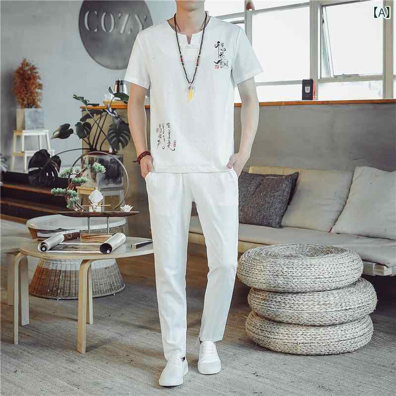 セットアップ メンズ 男性用 春夏 綿麻 コットンリネン ポリエステル混紡 刺繍 漢服風 レトロ ゆったり ルーズフィット リラックス 快適 清涼 トレンド おしゃれ 着回し 普段使い