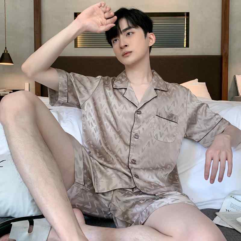 パジャマ ルームウェア メンズ 男性用 高級感 ポリエステル サテン 接触冷感 半袖 ショートパンツ 開襟 前開き 夏 薄手 薄地 快適 通気性 部屋着 普段使い セットアップ