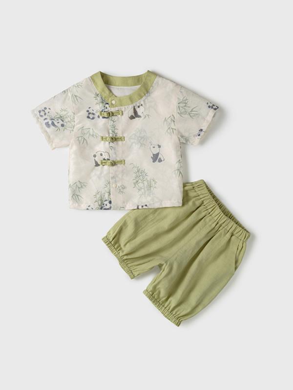 セットアップ キッズ 男の子 ベビー 半袖Tシャツ ショートパンツ 2点セット 夏 薄手 普段着 お出かけ ダスティグリーン パンダ 竹柄 ネオチャイニーズスタイル 中国風 ポリエステル 柔らか
