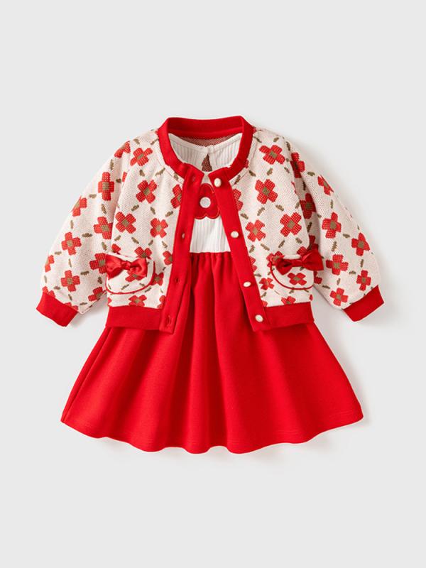 ワンピース 女の子 ベビー 春夏 ニット 花柄 2点セット プリンセス ドレス かわいい おしゃれ 普段着 お出かけ